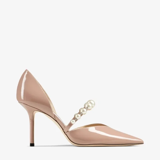 Aurelie 85 Ballet Pink Patent Leather Pointed Pumps with Pearl Embellishment