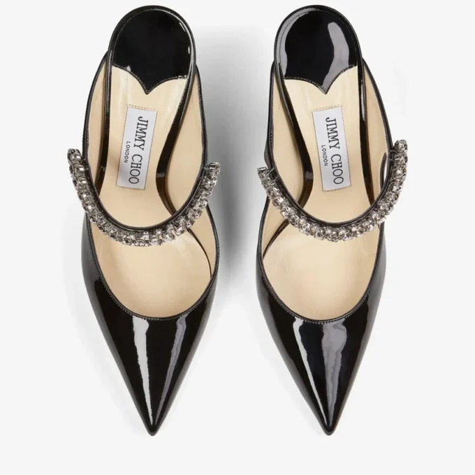 Bing 100 Black Patent Leather Mules with Crystal Strap