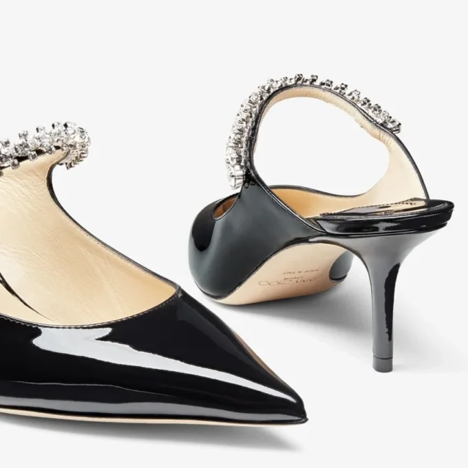 Bing 65 Black Patent Leather Mules with Crystal Strap