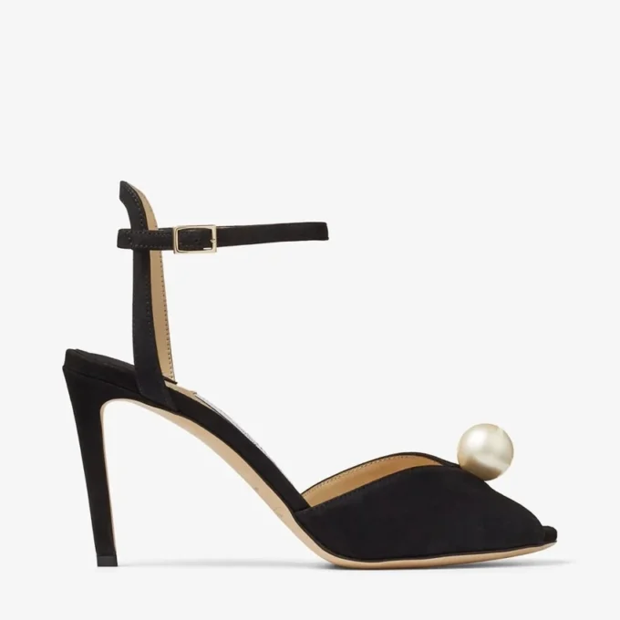 Sacora 85 Black Suede Sandals with Pearl Embellishment